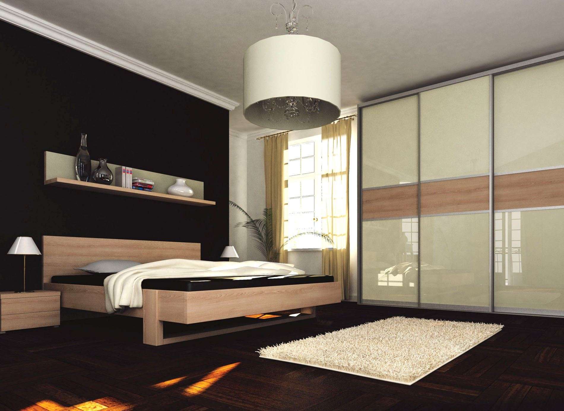Hálószobai beépített szekrény világos festett üveggel, fa hatású bútorlappal matt ezüst tolóajtó kerettel