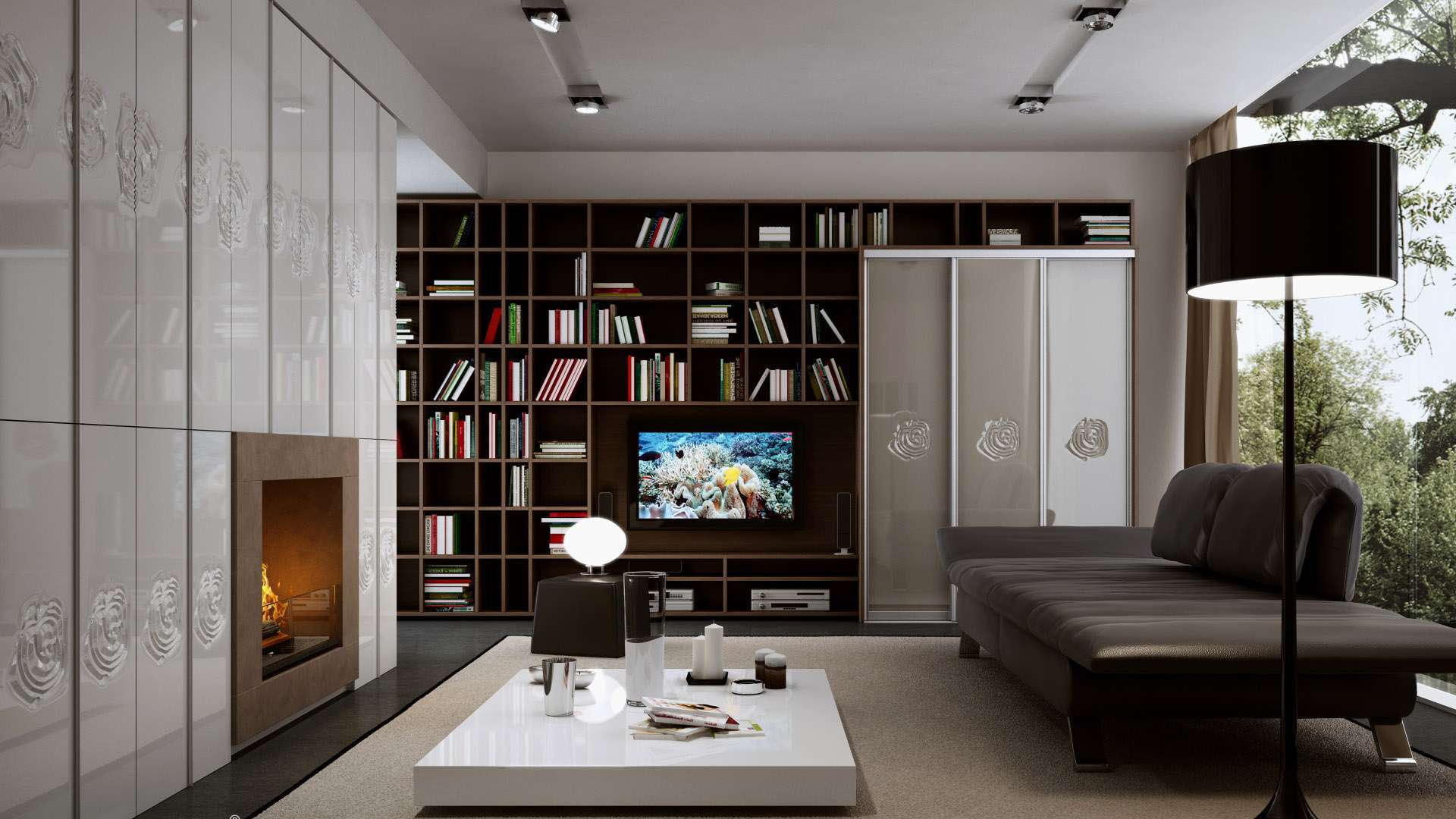 Tolóajtós beépített szekrény és nyitott könyvespolc rendszer a nappaliban
