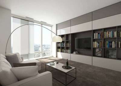 Modern nappali beépített szekrényekkel és TV zónával