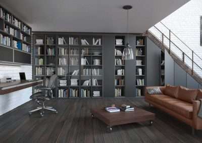 Nappali szoba külön irodaterülettel és modern könyvtárral-min