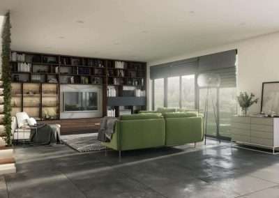 Modern nappali elrendezése egy könyvespolc és egy üveges vitrin segítségével