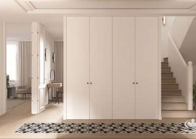 Egyszerű kialakítású, törtfehér színű nyílóajtós beépített szekrény