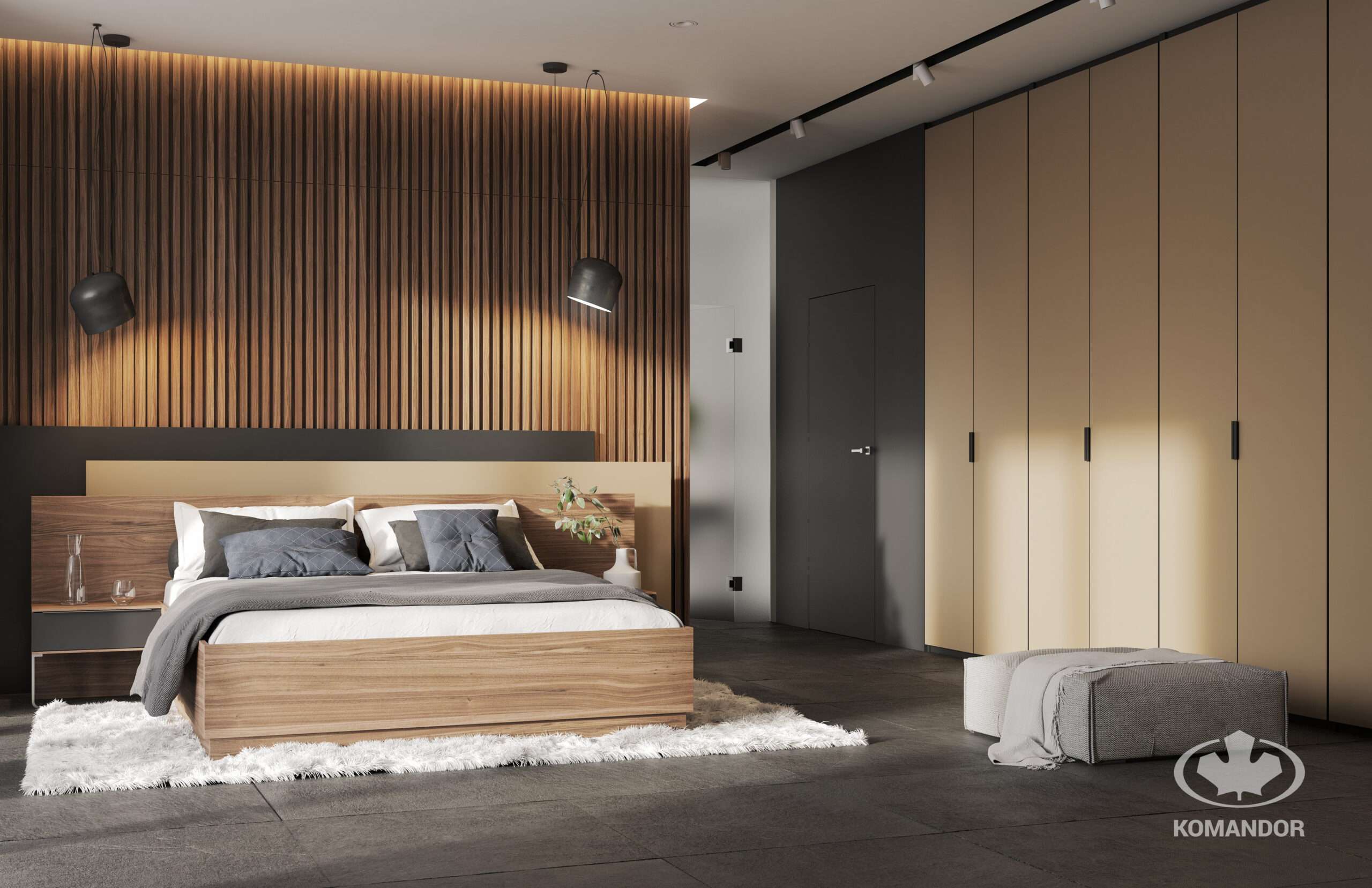 Világos gardróbszekrény, különleges ágy mögötti fal elemmel, mely megváltoztatják a hálószoba megjelenését
