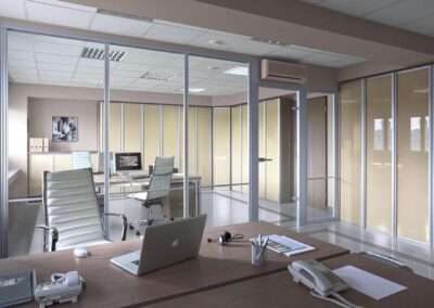 Modern iroda kabinokkal, amelyeket Aurora falai választanak el